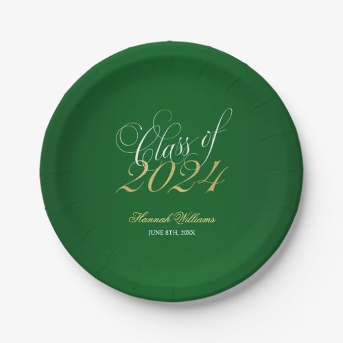 Script Green Faux Gold 2024 Graduation Party Paper Plates