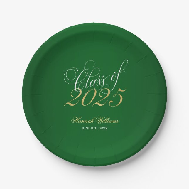 Script Green Faux Gold 2025 Graduation Party Paper Plates (Front)