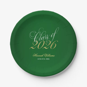 Script Green Faux Gold 2026 Graduation Party Paper Plates