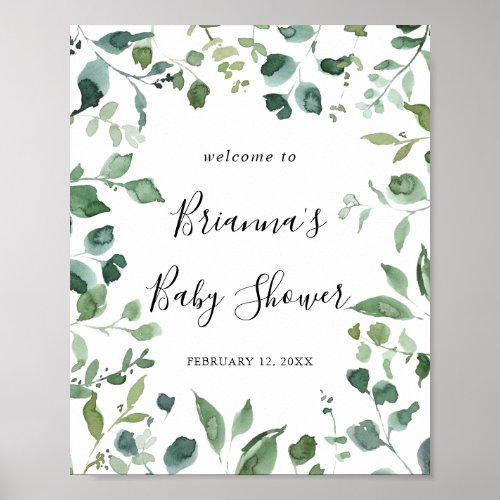 Script Green Foliage Baby Shower Welcome Poster
