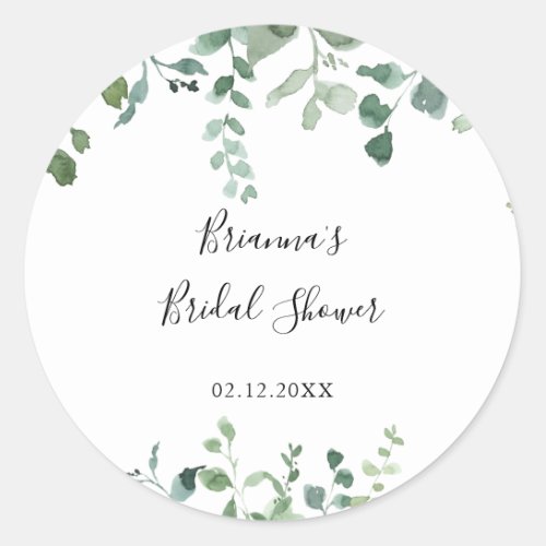Script Green Foliage Bridal Shower Favor  Classic Round Sticker