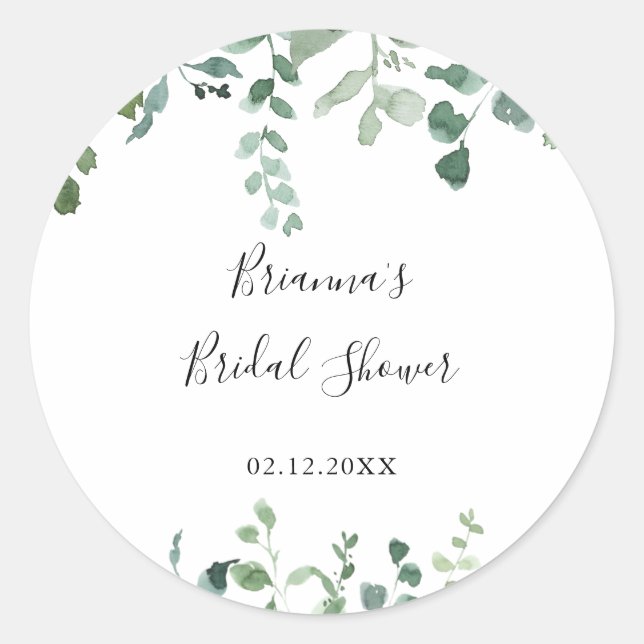 Script Green Foliage Bridal Shower Favor  Classic Round Sticker (Front)