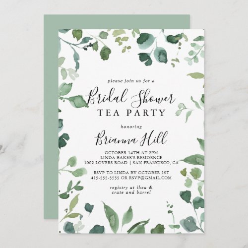 Script Green Foliage Bridal Shower Tea Party  Invitation