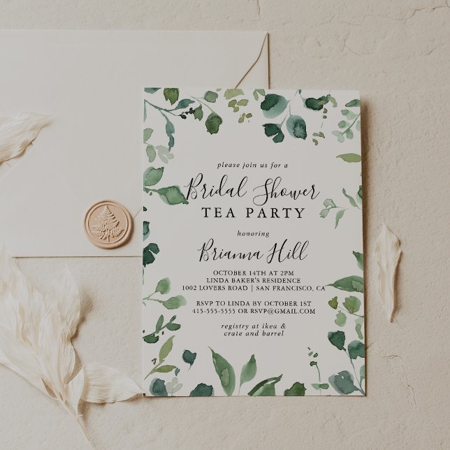 Script Green Foliage Bridal Shower Tea Party  Invitation (Creator Uploaded)