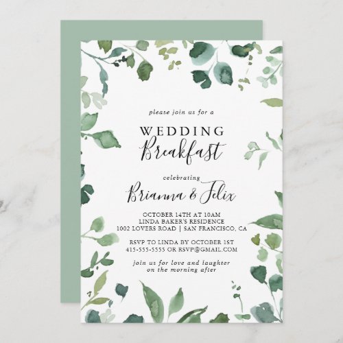 Script Green Foliage Wedding Breakfast  Invitation