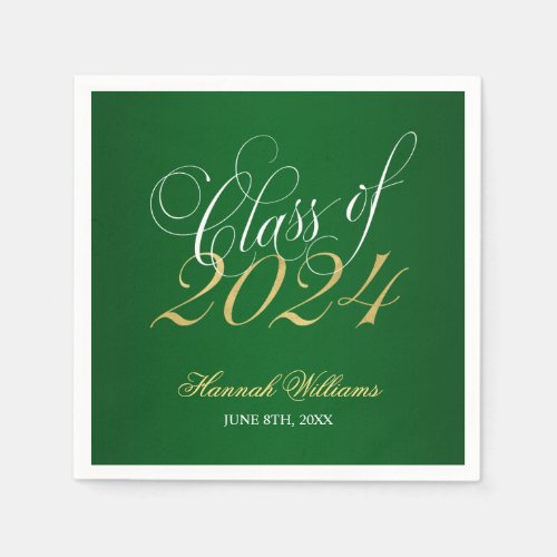 Script Green Gold Class of 2024 Graduation Napkins