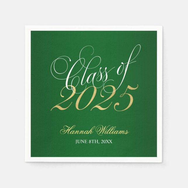 Script Green Gold Class of 2025 Graduation Napkins (Front)