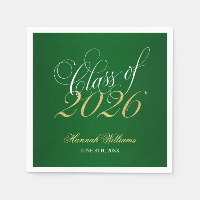 Script Green Gold Class of 2026 Graduation Napkins (Front)