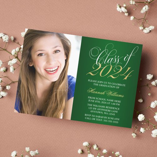 Script Green Gold Photo Graduation Announcement