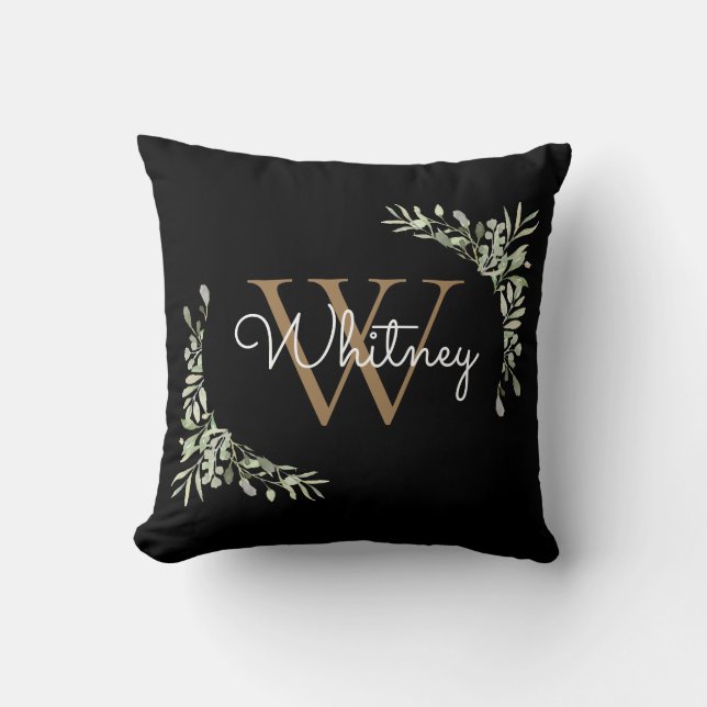 Script Greenery Floral Black Gold Initial Monogram Throw Pillow (Front)