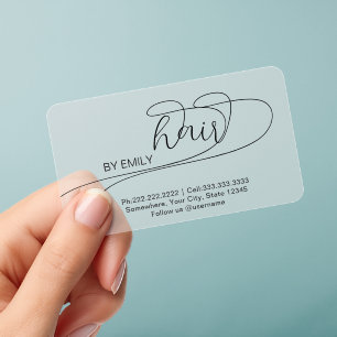 Script  hair salon Minimalist Plastic Clear Business Cards