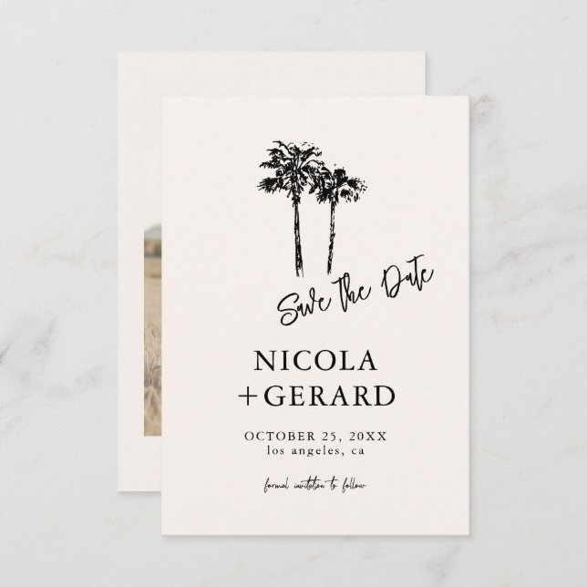 Script Hand Drawn Palm Tree Tropical Small Wedding Save The Date (Front/Back)
