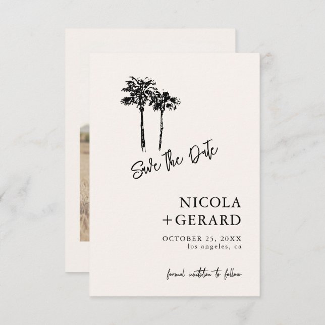Script Hand Drawn Palm Tree Tropical Small Wedding Save The Date (Front/Back)