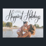 Script Handwriting Happiest Holiday Photo Card<br><div class="desc">A beautiful Script Handwriting Happiest Holiday Photo Card design with a chalkboard graphic on the back with a snowflake pattern in navy. Happiest Holidays,  stars and handwriting script font.</div>