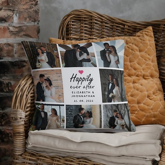 Script Happily Ever After Pink Heart Photo Collage Throw Pillow (Creator Uploaded)