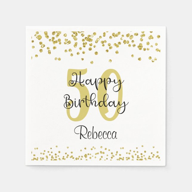Script HAPPY 50th BIRTHDAY Name Gold Glitter Napkins (Front)