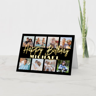 Script Happy Birthday Elegant Black Photo Collage Foil Greeting Card