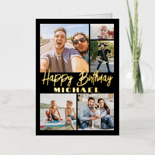 Script Happy Birthday Modern Black 5 Photo Collage Foil Greeting Card