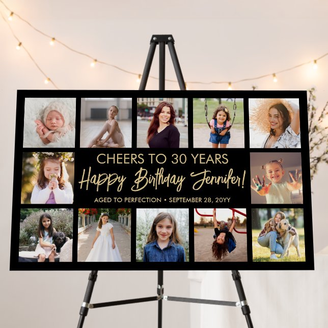 Script Happy Birthday Photo Collage Black and Gold Foam Board (In Situ (Stand))