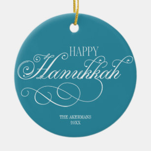 Script Happy Hanukkah Holiday Ceramic Ornament