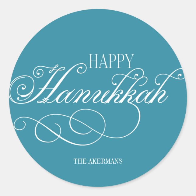 Script Happy Hanukkah Holiday Classic Round Sticker (Front)