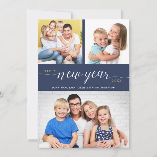 Script Happy New Year Typography 3 Photos Blue Holiday Card