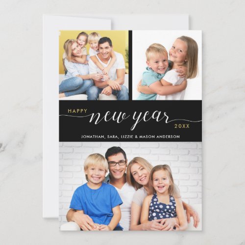 Script Happy New Year Typography 3 Photos Holiday Card