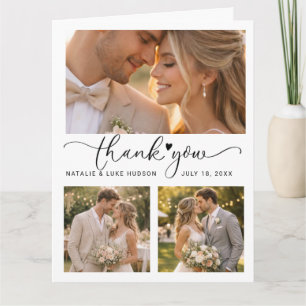 Script Heart 3 Photo Collage Wedding Thank You Car Card