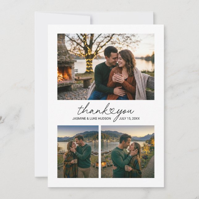 Script Heart 3 Photo Collage Wedding Thank You Car Card (Front)