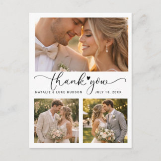 Script Heart 3 Photo Collage Wedding Thank You Car Postcard