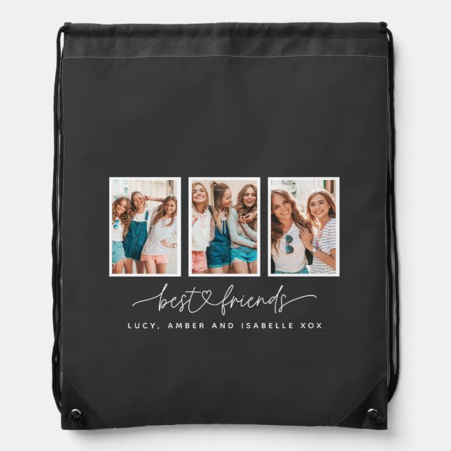 Script heart cute modern multi photo best friends drawstring bag (Front)