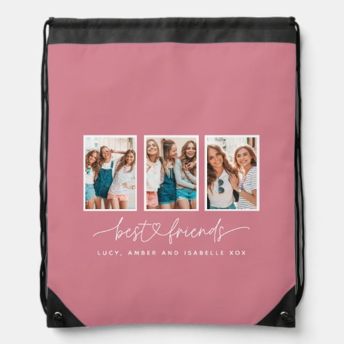 Script heart cute modern multi photo best friends  drawstring bag