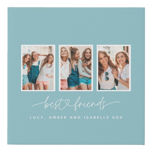 Script heart cute modern multi photo best friends faux canvas print (Front)