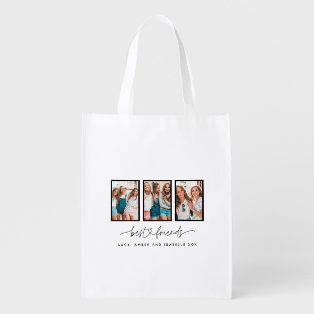 Script heart cute modern multi photo best friends grocery bag (Front)