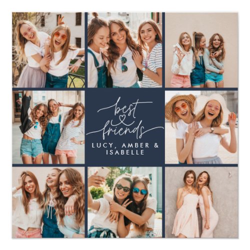 Script heart navy modern multi photo best friends poster