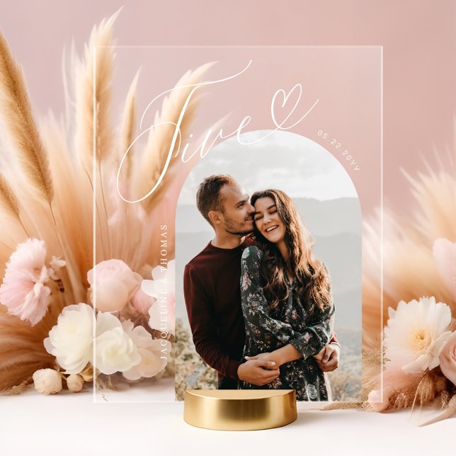 Script Heart Photo Wedding Table Number Five Acrylic Sign (Script Heart Photo Wedding Table Number Five Acrylic Sign)