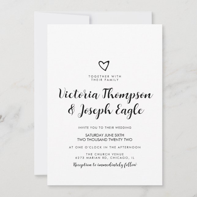 Script Heart Slanted Black White |Modern Wedding   Invitation (Front)