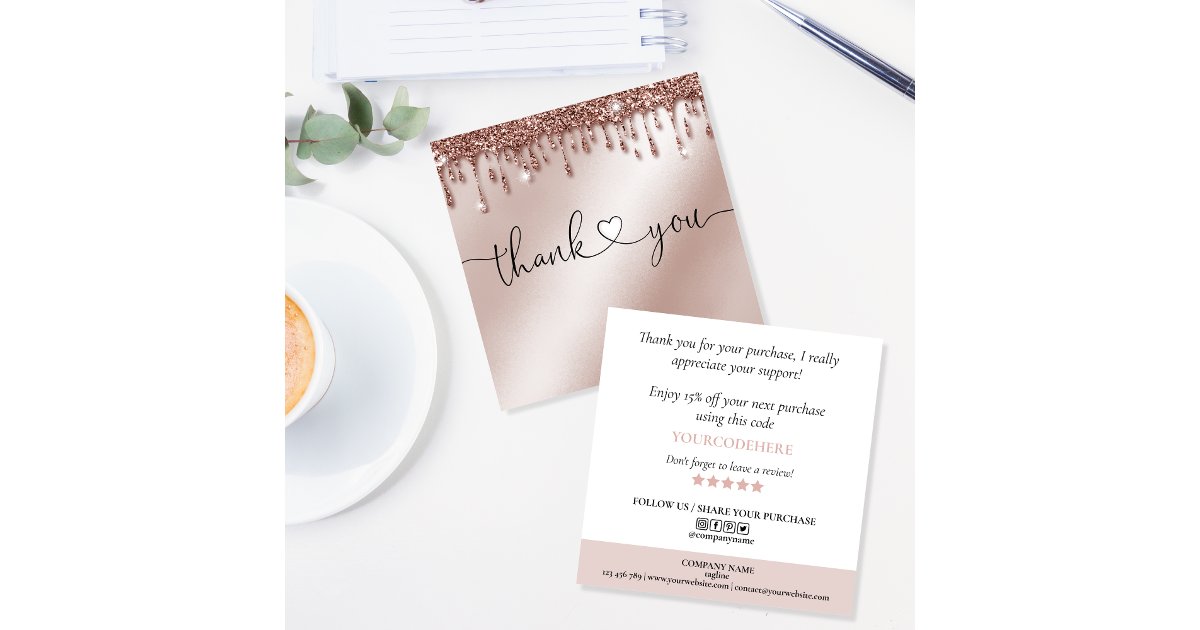 script heart thank you for order rose gold drips square business card ...
