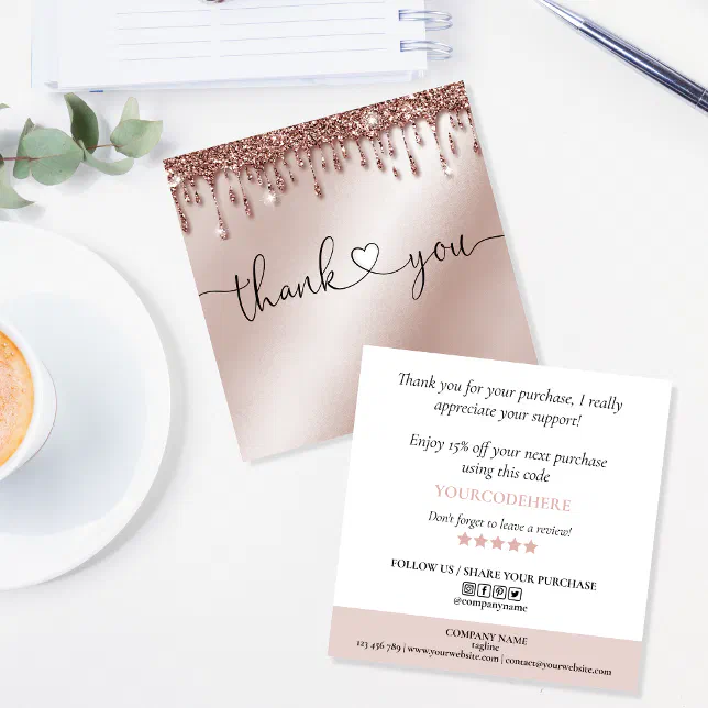 script heart thank you for order rose gold drips square business card ...