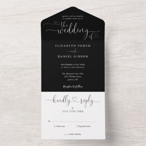 Script Hearts Black And White Minimalist Wedding All In One Invitation ...