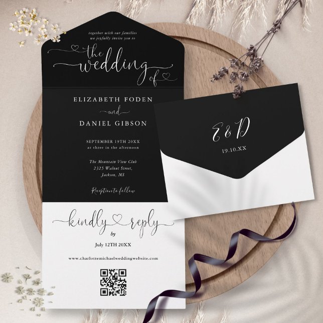 Script Hearts Black And White QR Code Wedding All In One Invitation (Script Hearts Black And White QR Code Wedding All In One Invitation)