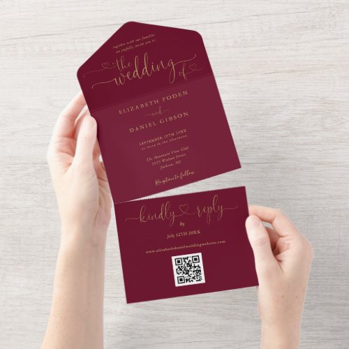Script Hearts Burgundy And Gold QR Code Wedding All In One Invitation