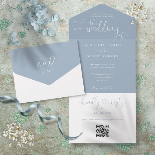 Script Hearts Dusty Blue QR Code Wedding All In One Invitation