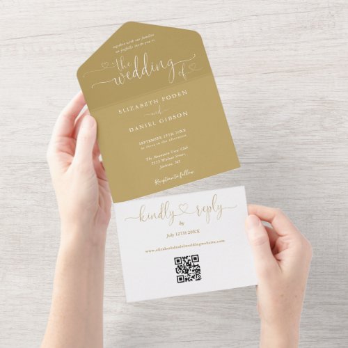 Script Hearts Elegant Gold QR Code Wedding All In One Invitation