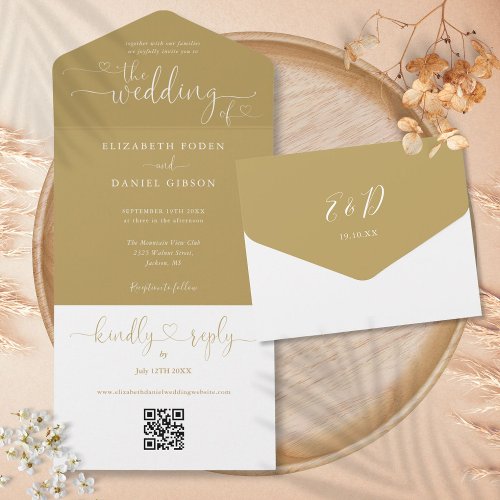 Script Hearts Elegant Gold QR Code Wedding All In One Invitation