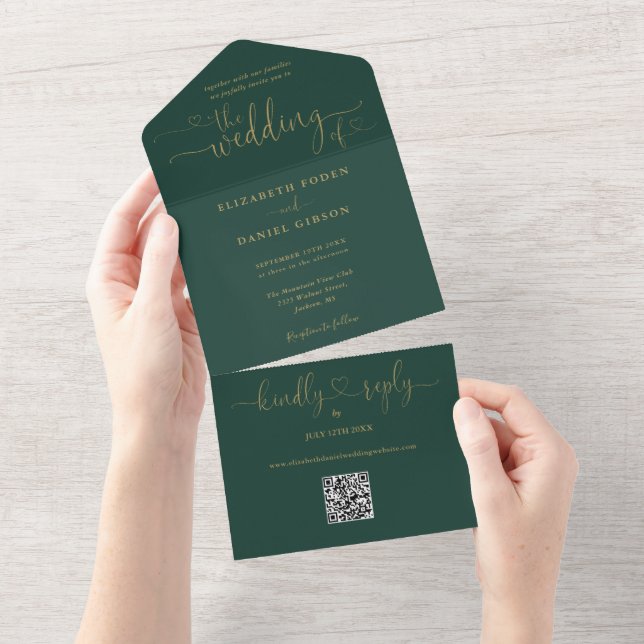 Script Hearts Emerald And Gold QR Code Wedding All In One Invitation (Tearaway)