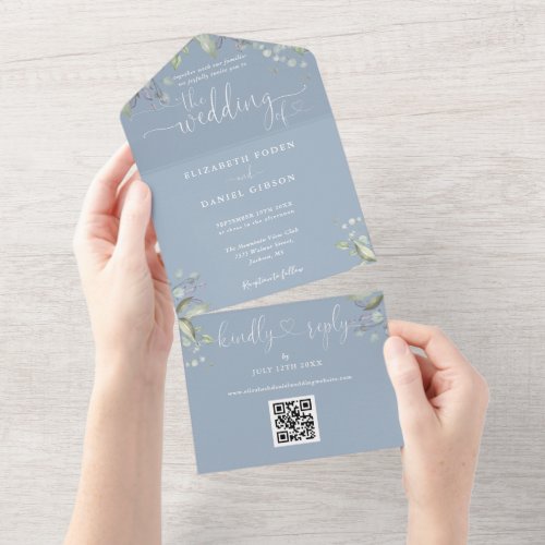 Script Hearts Floral QR Code Dusty Blue Wedding All In One Invitation