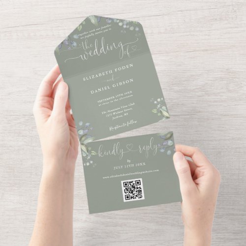 Script Hearts Floral QR Code Sage Green Wedding All In One Invitation