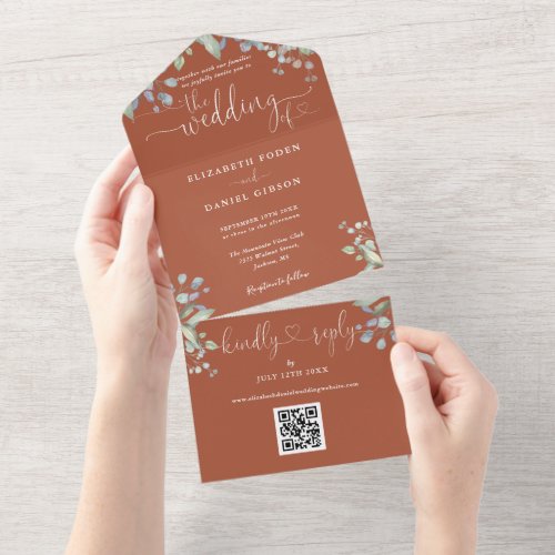 Script Hearts Floral QR Code Terracotta Wedding All In One Invitation