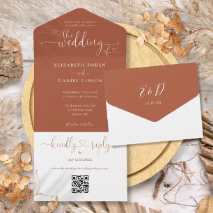 Script Hearts Terracotta QR Code Wedding All In One Invitation